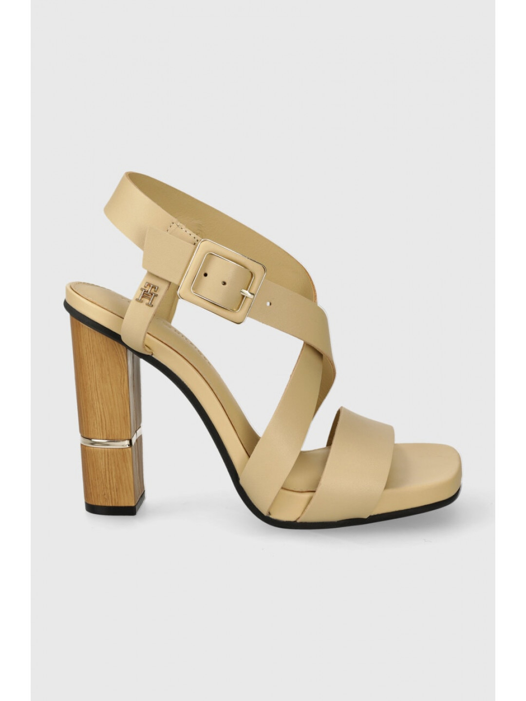 Kožené sandály Tommy Hilfiger HARDWARE BLOCK HIGH HEEL béžová barva FW0FW07016